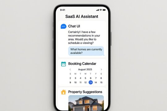 SaaS AI assistant interface helping user with property recommendations, booking calendar, and smart chat UI
