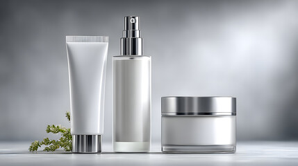 Minimalist cosmetic set featuring toner, serum, and cream in sleek containers with natural touch. elegant design emphasizes simplicity and sophistication