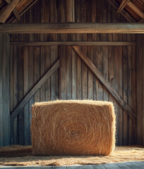 Large rectangular hay bale neatly stacked in a barn center. Golden dry hay texture with visible straw details, rustic wooden door background, and scattered loose straw.