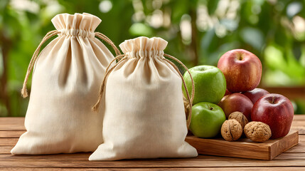 Two reusable cloth bags sit on wooden table next to variety of fresh apples and walnuts, creating eco friendly and minimalist kitchen scene
