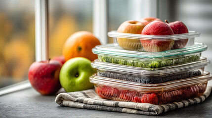 Stacked glass containers filled with fresh fruits like apples, berries, and oranges sit on kitchen countertop, showcasing minimalist and eco friendly approach to food storage