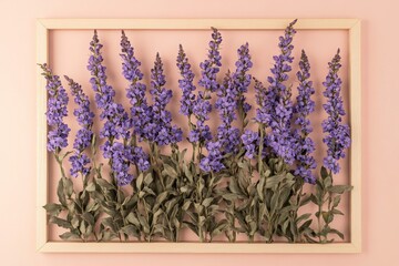 Naklejka premium Purple flowers arranged in a wooden frame.