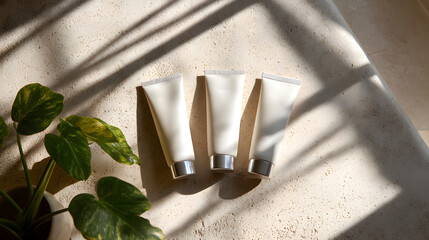 Three minimalist cosmetic tubes with matte finish are arranged on textured surface, casting soft shadows. green plant adds natural touch to serene composition