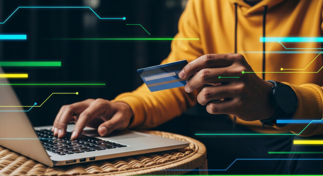 Hands holding a credit card and typing on a laptop with a futuristic digital circuit overlay representing secure online payment and e-commerce