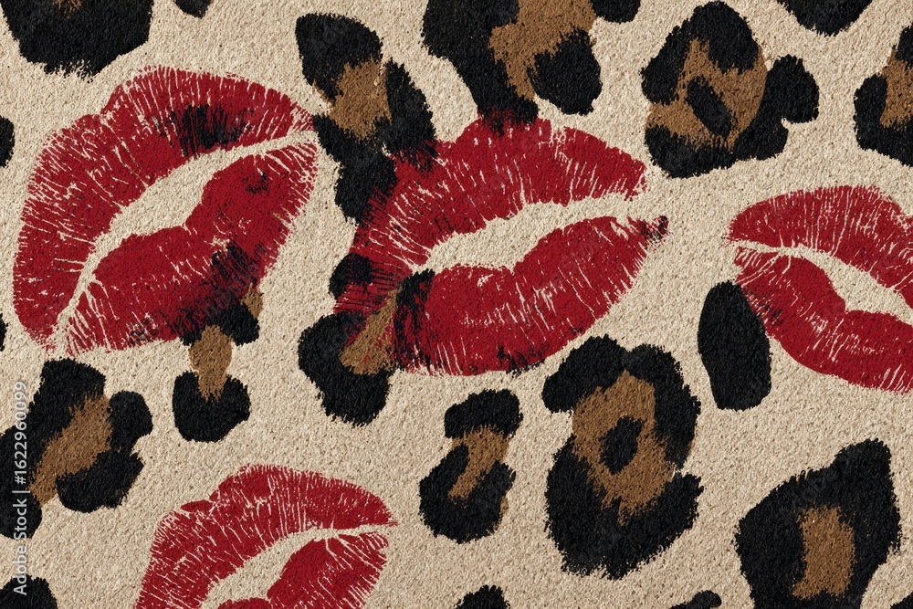Poster seamless pattern featuring red lipstick kisses on a leopard print background, adding a touch of glam