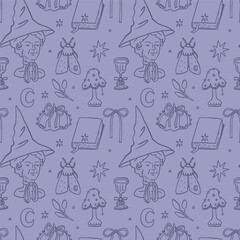 Halloween seamless pattern with trendy witchcraft elements in lavender colors. Coquette Halloween background. Witch hat, tarot, moth, spell book, potions, cauldron elements