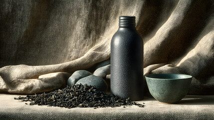 Minimalist product mockup featuring luxury tea canister, surrounded by loose tea leaves, smooth stones, and ceramic cup, set against textured fabric backdrop