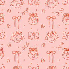Halloween pink coquette pumpkins with bows, vector seamless pattern. Autumn holiday wallpaper, wrapping paper, scrapbooking, background, textile prints, stationary. Girly coquette Halloween background