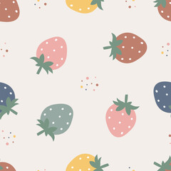 Seamless pattern of strawberry with green leaves. Cartoon fruit graphic. Vector illustration. Design for baby kids apparel, wallpaper, textile, wrapping paper, card, etc