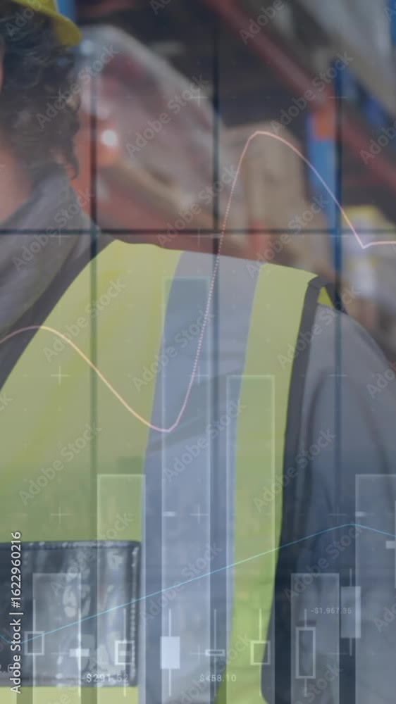 Poster animation of statistics and financial data processing over man working in warehouse