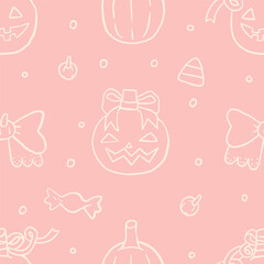 Halloween pink coquette pumpkins with bows, vector seamless pattern. Autumn holiday wallpaper, wrapping paper, scrapbooking, background, textile prints, stationary. Girly coquette Halloween background