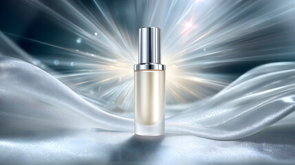 Sleek essence bottle with metallic cap is set against radiant background, evoking sense of luxury and elegance. shimmering fabric adds touch of sophistication