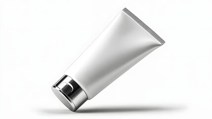Sleek white tube of face cleansing foam with shiny flip cap is angled against plain background, showcasing its minimalist design