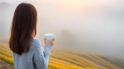 Canvas schilderij Rijstvelden coffee on a terrace overlooking terraced rice fields in morning mist  © Issara