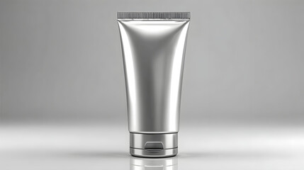 Sleek silver tube of face cleansing foam with flip cap is displayed against neutral background, highlighting its modern design and reflective surface