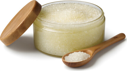 Clear jar of exfoliating scrub with wooden lid is open, revealing coarse, grainy texture. wooden spoon filled with scrub is placed beside jar, showcasing its natural ingredients