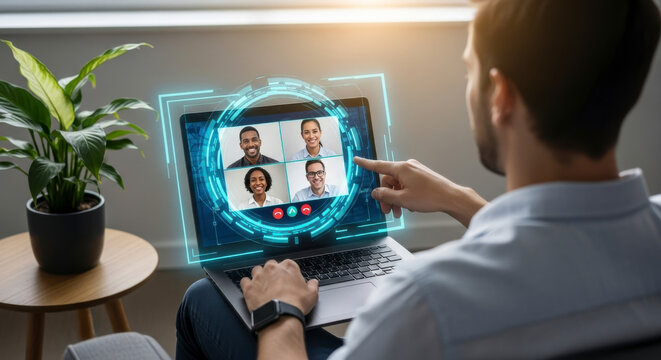 Man engaged in a virtual video conference call on a laptop with glowing holographic elements indicating remote communication and teamwork