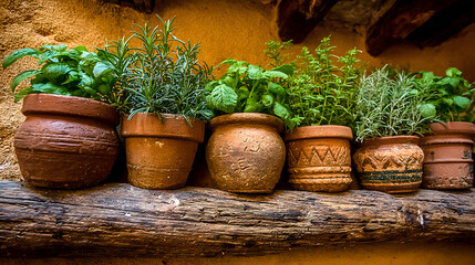 Terracotta pots filled with various herbs like rosemary and basil are arranged on rustic wooden shelf against textured wall, creating charming and earthy atmosphere