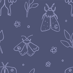 Moth, night butterfly and greens in line art style. Halloween, magic, witchcraft, astrology, mysticism. For wallpaper, fabric, background. In lavender color