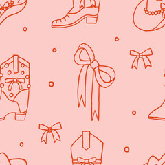 Pink coquette seamless pattern with cowgirl boots, bows, cowboy hat. Whimsical Wild West fashion style vector design invitation, wrapping paper, packaging etc. Cute girly coquette wallpaper background