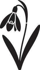 Minimalist black silhouette of a single drooping snowdrop flower with leaves