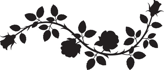 Black silhouette of a thorny rose vine elegantly curved with flowers and buds