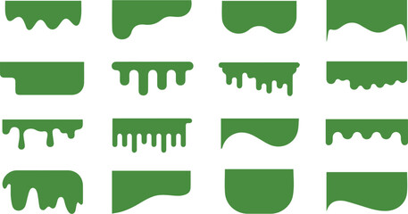 Green dripping slime and melting paint borders collection Flat vector graphic elements set for design