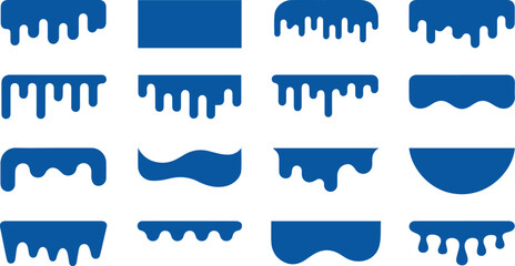Set of sixteen flat blue vector icons depicting various styles of dripping liquid melting forms and flowing paint