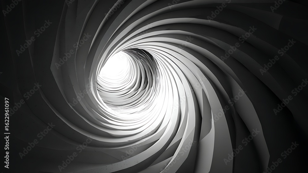 Poster abstract black and white tunnel with a bright light at the end, futuristic and technological concept