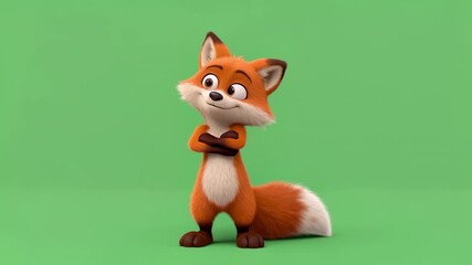 Animated fox with orange fur and fluffy tail standing on a green backg - Powered by Adobe