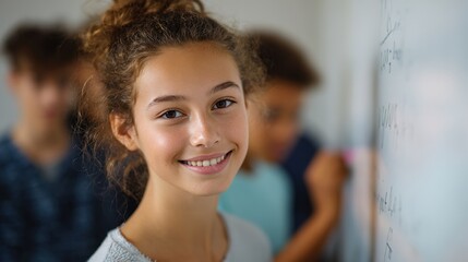 Fototapeta premium Joyful Student at School: A beaming student stands near a whiteboard at school with friends, radiating with youthful joy, embodying the spirit of learning and growth.