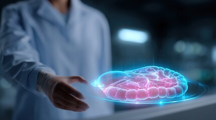 Brain Showcase: A close-up shot showing a healthcare professional in a lab coat, delicately holding a digital brain projection.