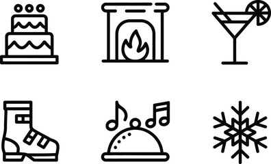 Set of Outlined Icons Cake, Fireplace, Cocktail, Ski Boot, Food Dish, Snowflake
