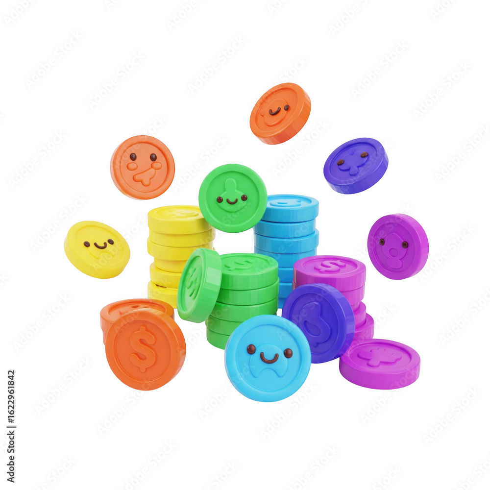 Poster colorful stacked coins with smiling faces isolated on black background animation style
