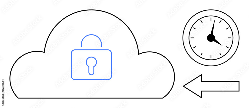 Poster cloud with padlock symbolizing security, clock indicating time, and left arrow for data recovery. id