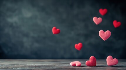 Floating Pink Red Hearts in Dark Room, Romantic Valentine's Day Blurred Background
