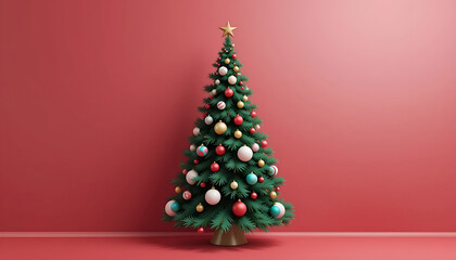 3D Render Traditional Christmas Tree with Baubles on Red Background for Holiday Advertisements, Commercial Use