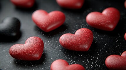 Dark Room with Pink Red Hearts on Wall, Blurry Heart Shapes Black Background HD
