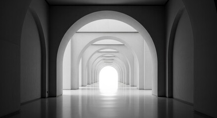 A monochrome architectural view of arched passageway receding into bright light smooth reflective floor