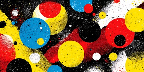 Energetic abstract design with colorful circles and paint splatters
