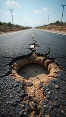 Cracked asphalt in highway zone with exposed iron and road deterioration