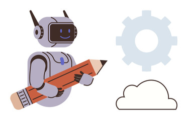 Friendly robot holding a large pencil, accompanied by a gear and cloud icon. Ideal for creativity, technology, robotics, innovation, digital art, futuristic design conceptual thinking. Simple flat