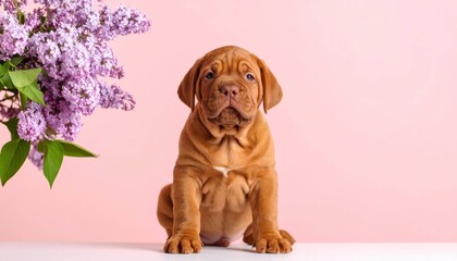 Adorable cachorro de Dogue de Bordeaux sobre fondo rosa, Generated image