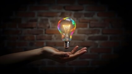 Hand of woman holding a light bulb glowing with multi colors