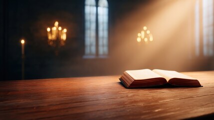 A softly lit scene featuring an open book on a wooden table, with candles glowing in the background and light streaming through stained glass windows.