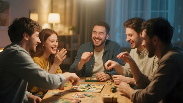Group of friends enjoying a board game night together in a cozy room