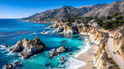 Fototapeta premium shot of winding coastal road with a car traveling along dramatic cliffside