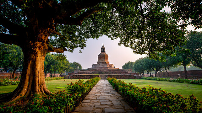 Sarnath, India, with the ancient stupa heightened