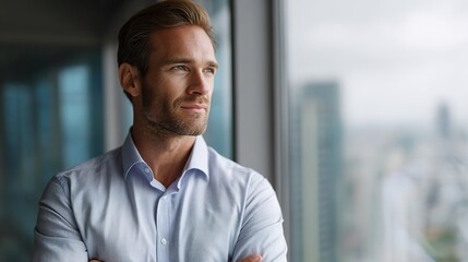 Visionary Perspective: A confident businessman gazes pensively from a modern high-rise office window, overlooking the city landscape, reflecting on success and future endeavors.