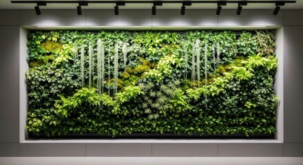 A wallmounted vertical garden filled with varied green plants is lit from above by track lighting creating a lush indoor ecosystem